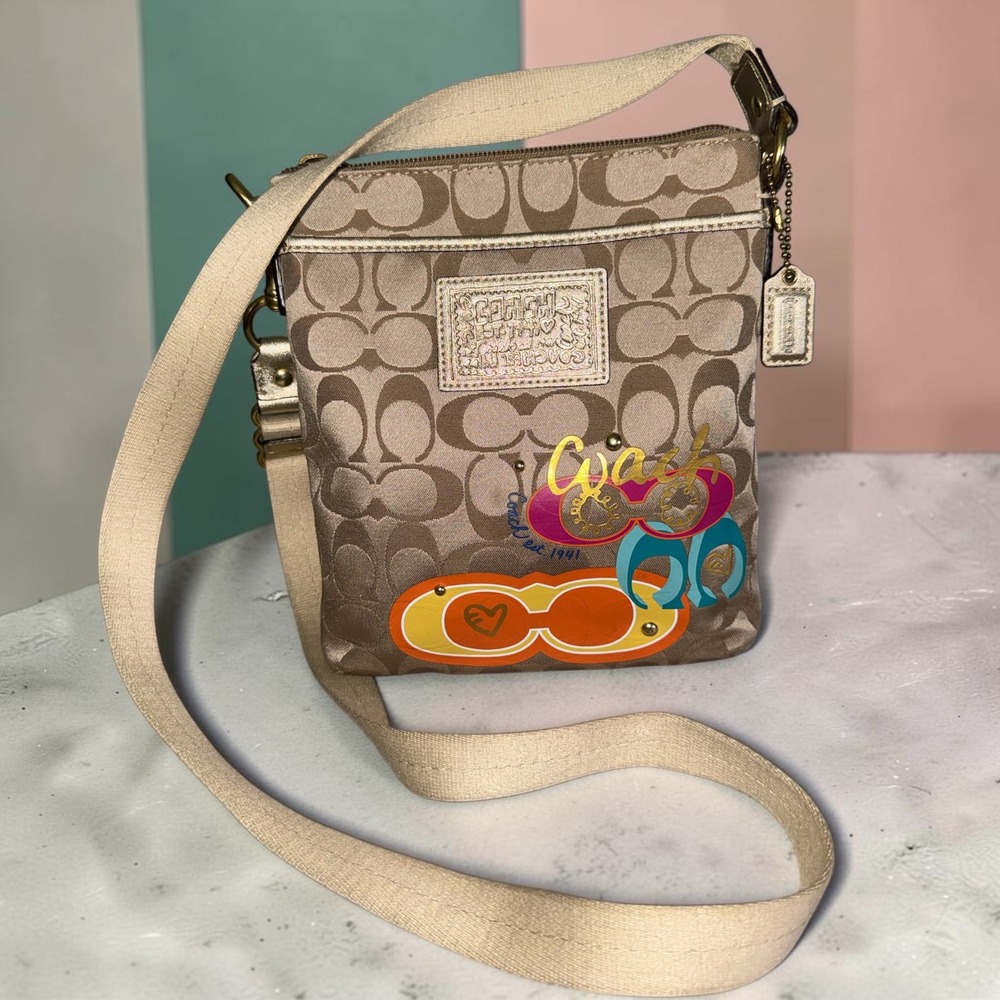 Coach Poppy Signature Graffiti Crossbody Bag Khaki Gold 46573
